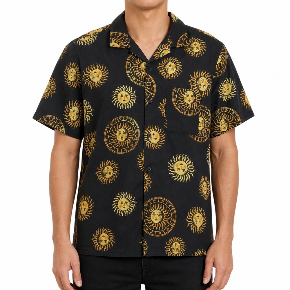 Urban Outfitters Shirt Mens Small Black Gold Sun Print Button Up Camp Retro